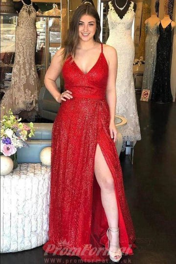Sparkly V Neck A Line Red Long Prom Dress with Split JTA1851