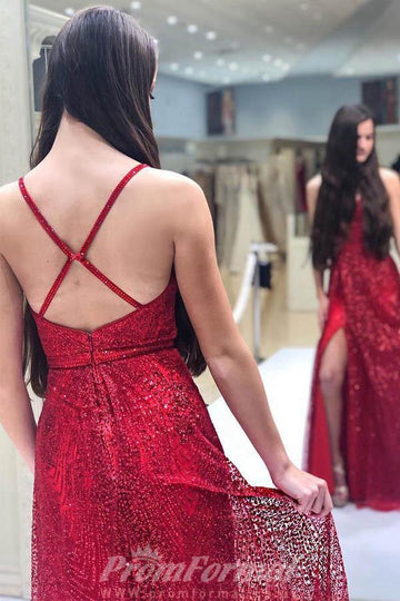 Sparkly V Neck A Line Red Long Prom Dress with Split JTA1851