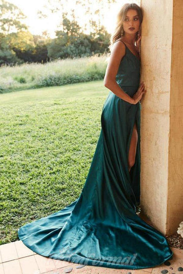 A Line Satin Green Straps Prom Dress with Split JTA1901