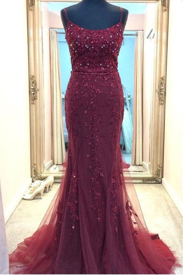 Straps Mermaid Burgundy Beaded Long Prom Dress JTA1911