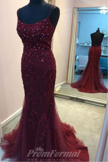 Straps Mermaid Burgundy Beaded Long Prom Dress JTA1911