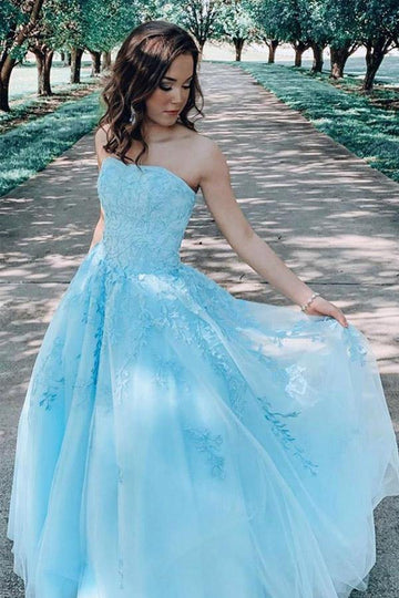 A Line Blue Lace Appliques Prom Dress JTA1961