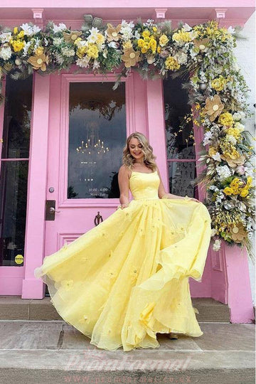 Straps 3D Flowers With Back Lace Up Yellow Prom Dress JTA1981
