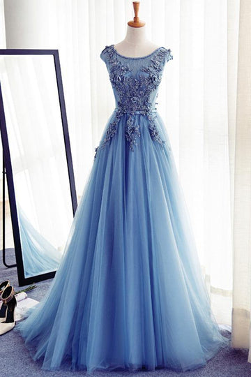 A Line Dusty Blue Tulle Lace Long Prom Dress JTA2041