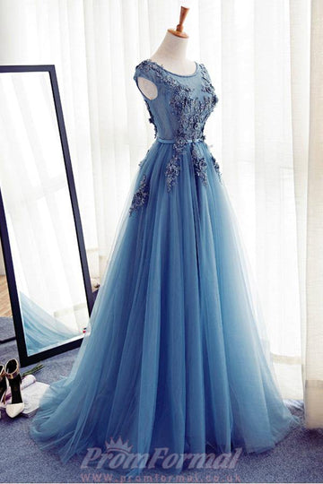 A Line Dusty Blue Tulle Lace Long Prom Dress JTA2041