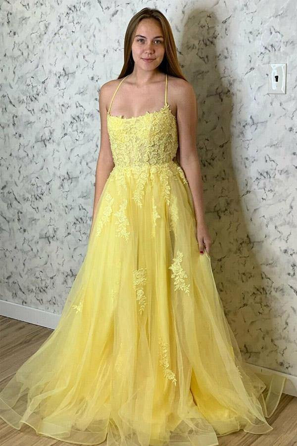 A Line Lace Yellow Prom Dress JTA2111