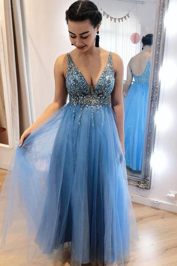 V Neck Appliques A Line Blue Tulle Prom Dress JTA2141