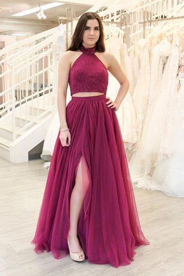 A Line Two Piece Dark Fuchsia Split Prom DressJTA2191