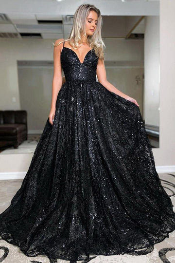 A Line V Neck Spaghetti Straps Black Prom Dress JTA2241