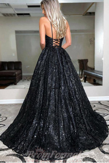 A Line V Neck Spaghetti Straps Black Prom Dress JTA2241