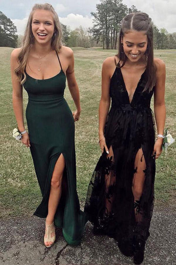 Straps Dark Green Sheath Split Sexy Prom Dress JTA2281