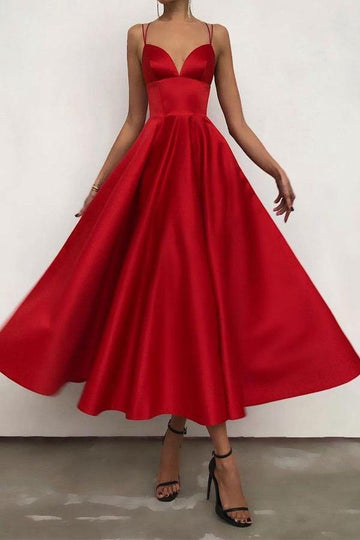 Straps Satin Red Tea Length Rockabilly Prom Dress JTA2311