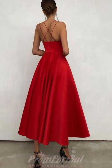 Straps Satin Red Tea Length Rockabilly Prom Dress JTA2311