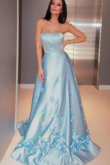 A Line Satin 3D Flower Light Blue Prom Dress JTA2321