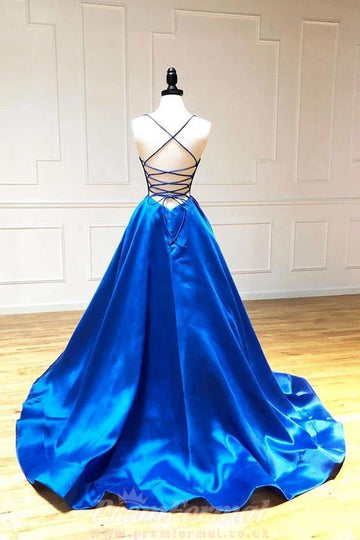 Princess Satin Spaghetti Straps Royal Blue Prom Dress JTA2351