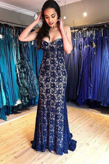 Sweetheart Mermaid Navy Blue Lace Evening Dress JTA2361