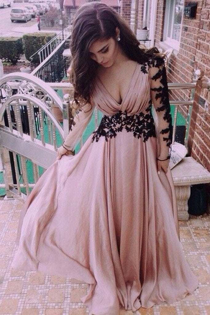 V Neck Nude Pink Long Sleeve Lace Prom Formal Dress JTA2451