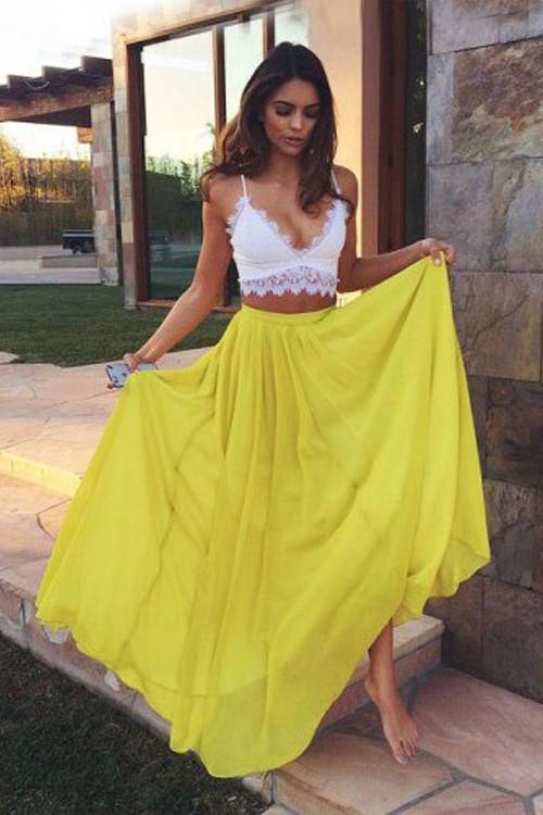 Two Piece Yellow Chiffon Lace Prom Formal Dress JTA2881