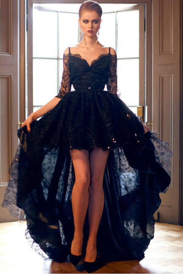 Navy Blue High Low Half Sleeves Lace Prom Dress JTA3051