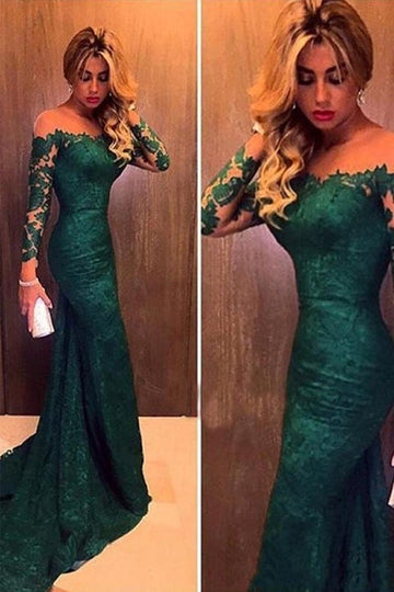 Off the Shoulder Dark Green Long Sleeve Mermaid Lace Evening Dress JTA3181