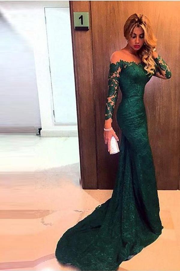 Off the Shoulder Dark Green Long Sleeve Mermaid Lace Evening Dress JTA3181