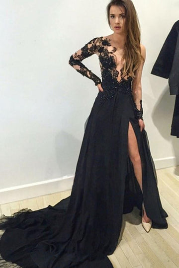 Sexy A Line V Neck Long Sleeve Black Evening Dress JTA3201