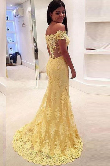 Yellow Off The Shoulder Mermaid Lace Court Train Teen Prom Dress JTA3301