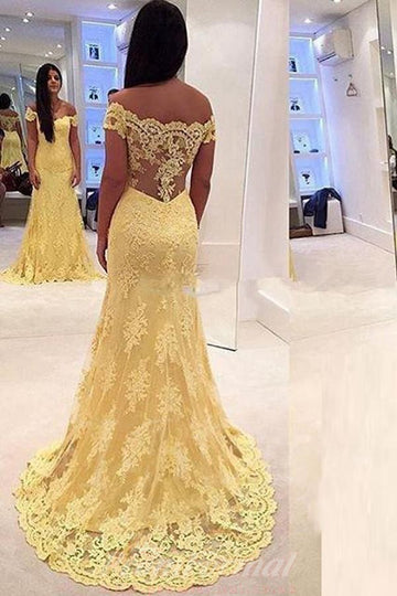 Yellow Off The Shoulder Mermaid Lace Court Train Teen Prom Dress JTA3301