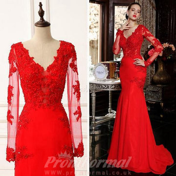 Mermaid Long Sleeve Sweep Train Red Evening Dress JTA3331