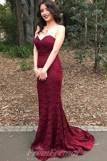 Sweetheart Mermaid Sweep Train Burgundy Lace Prom Dress JTA3471