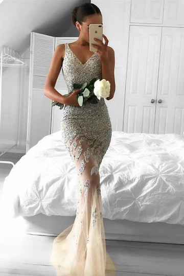 V Neck Handmade Mermaid Beads Evening Dress JTA3501