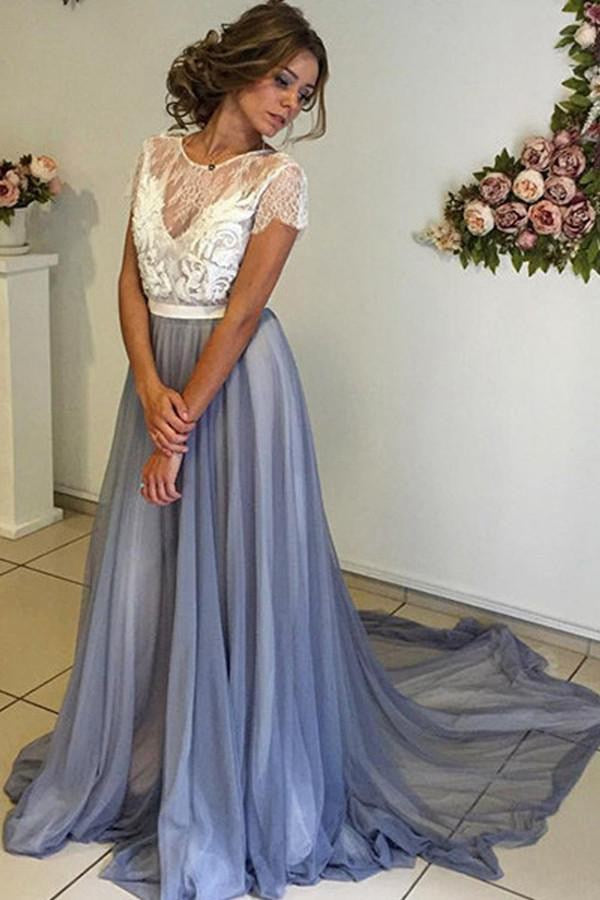 White and Dark Blue Prom Dress with Lace Backless JTA3511
