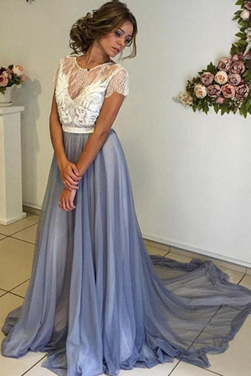 White and Dark Blue Prom Dress with Lace Backless JTA3511