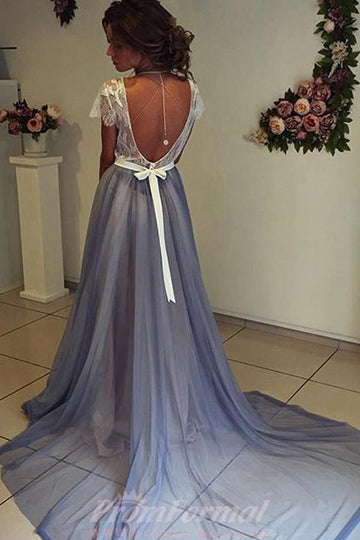 White and Dark Blue Prom Dress with Lace Backless JTA3511