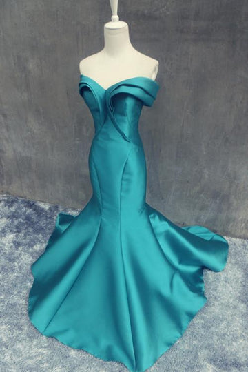 Steel Blue Mermaid Off The Shoulder Evening Dress With Ruffles JTA3621