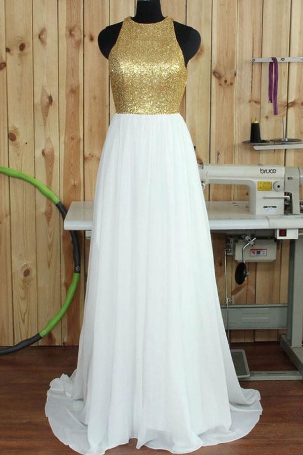 A Line Halter White Prom Dress With Gold Sequins JTA3631