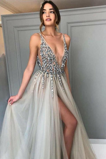 Deep V Neck Split Grey Sexy Evening Dress with Beading JTA3651