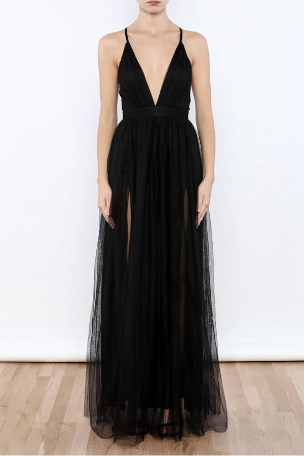 Sexy Black V Neck Side Slit Tulle Evening Gowns JTA3671