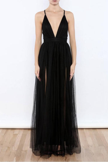 Sexy Black V Neck Side Slit Tulle Evening Gowns JTA3671