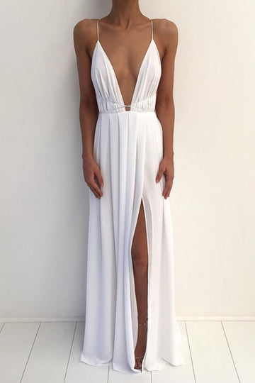 White Sexy V Neck Spaghetti Strap Evening Dress With Front Split JTA3691