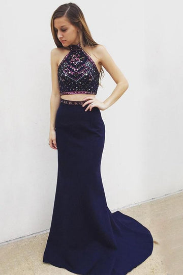 Two Piece Mermaid Halter Navy Blue Prom Dress With Beading JTA3721