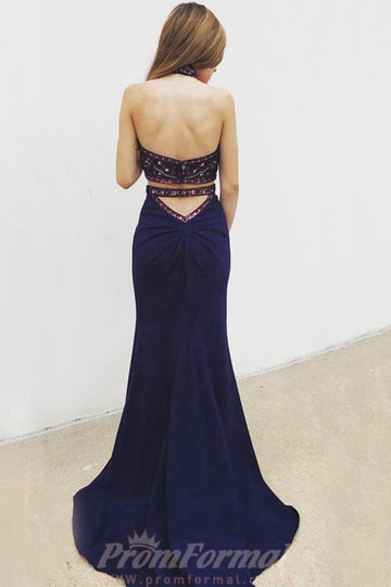 Two Piece Mermaid Halter Navy Blue Prom Dress With Beading JTA3721