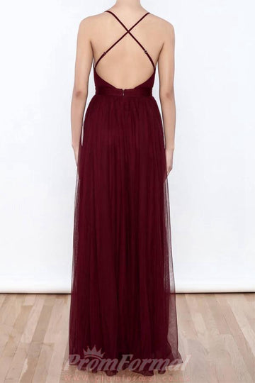 Sexy Deep V Neck Tulle High Slit Burgundy Evening Formal Dress JTA3731