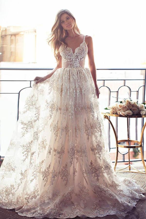Spaghetti Straps Lace A Line Prom Dress JTA3781