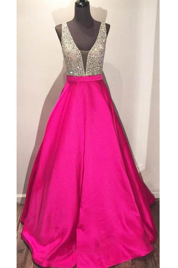 Princess V Neck Hot Fuchsia Satin Prom Dress JTA3791