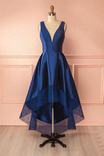 Navy Blue V Neck High Low Satin Prom Dress JTA3841