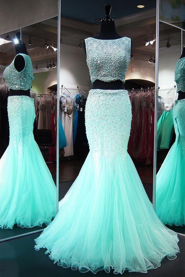 Turquoise Mermaid Tulle Beading Two Piece Prom Dress JTA3851
