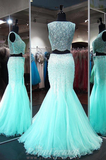 Turquoise Mermaid Tulle Beading Two Piece Prom Dress JTA3851