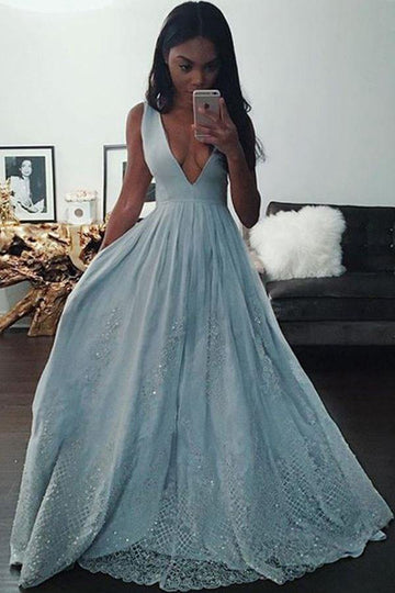 A Line V Neck Light Blue Prom Dress with Appliques Beading JTA3871