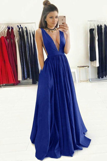 A Line V Neck  Royal Blue Prom Dress with Ruched JTA3921